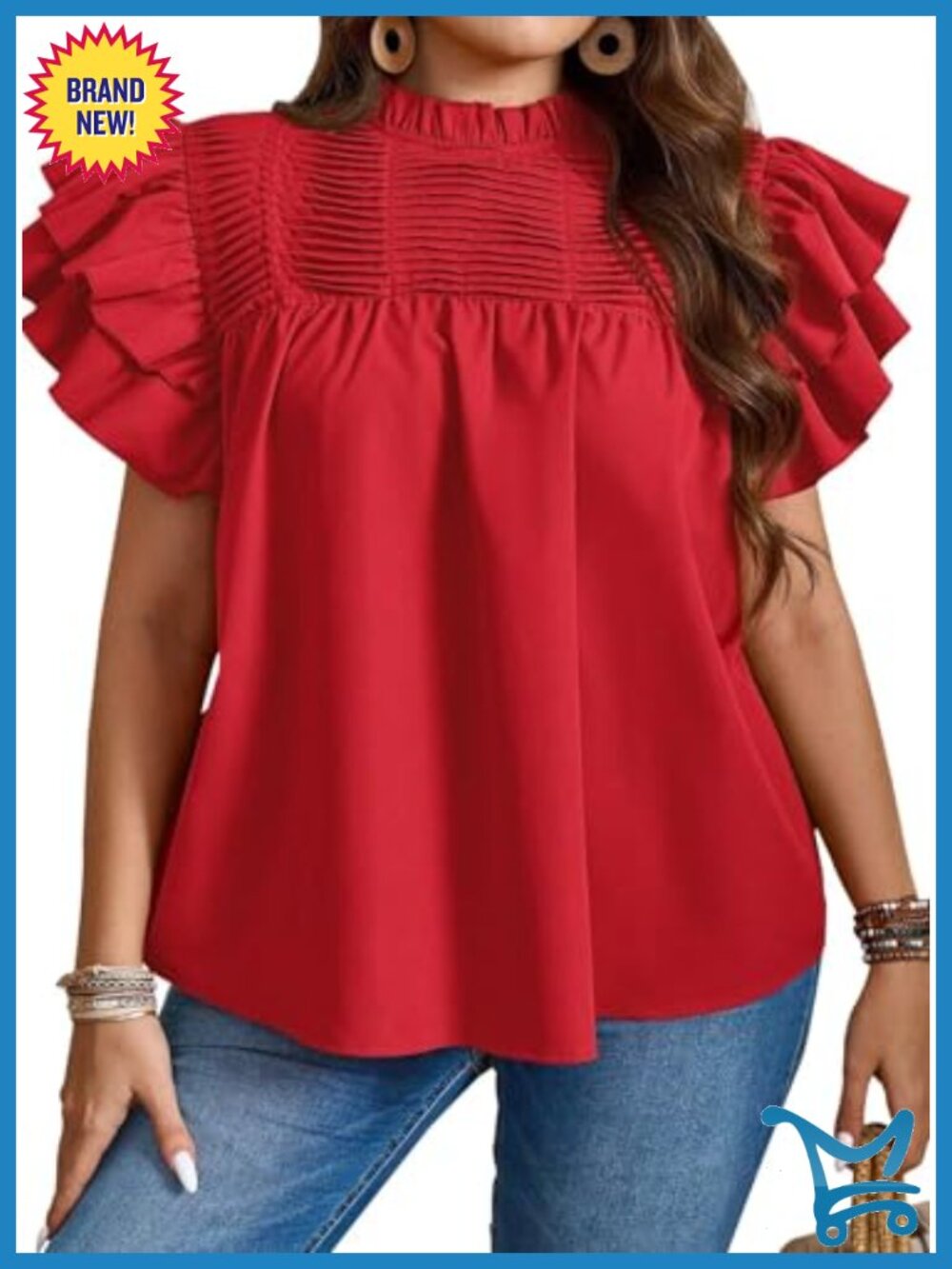 Womens Plus Size Ruffle Sleeve Pleated Mock Neck Loose Fit Blouse